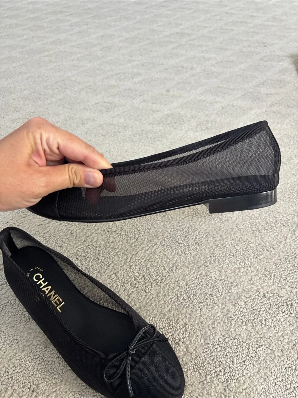 CHANEL Black Nylon Ballet Flats with Bow and CC Toe